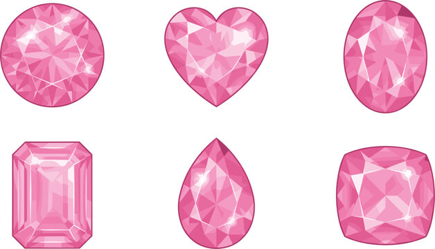 Collection of sparkling pink gemstones and diamonds in various cuts including heart round and emerald for luxury jewelry and fashion design