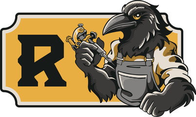 Naklejka premium Vintage tattoo studio sign with serious raven artist mascot holding a tattoo machine beside a bold letter R on a yellow rectangular label