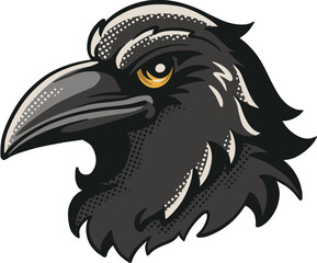 Naklejka premium Close-up cartoon raven mascot head with sharp beak, golden eye, and bold feather details in vintage tattoo studio illustration style