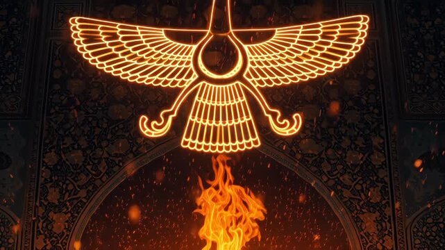 Faravahar symbol glowing with fire and sparks against ancient architecture