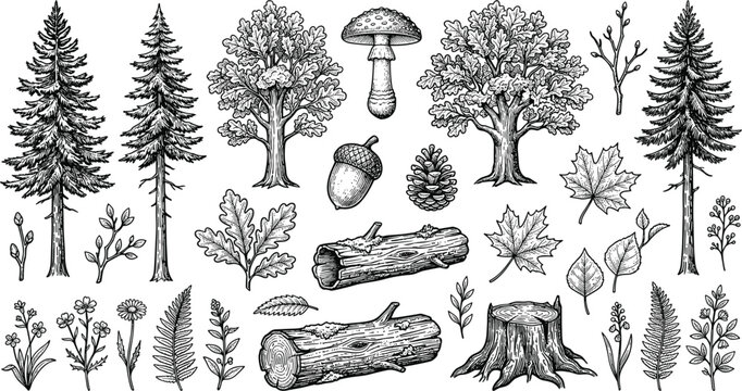 Collection of vintage forest and woodland elements including trees logs mushroom and autumn leaves for rustic nature and camping design