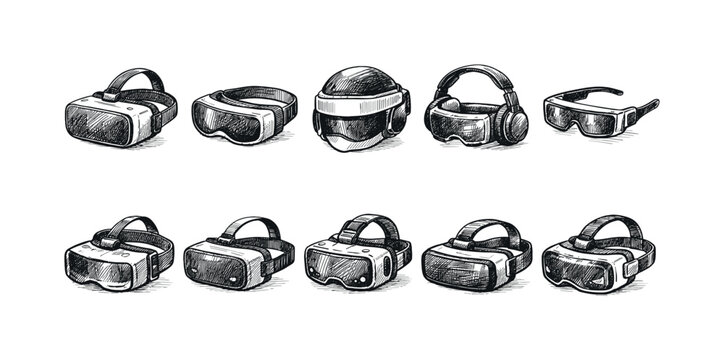 Collection of diverse virtual reality headsets and goggles in a hand-drawn sketch style