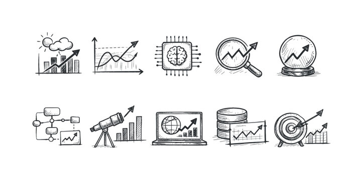Collection of hand-drawn business growth and analytics icons with upward trending graphs