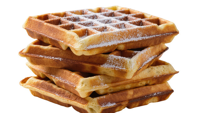 Stack of golden brown waffles dusted with powdered sugar, isolated on transparent background