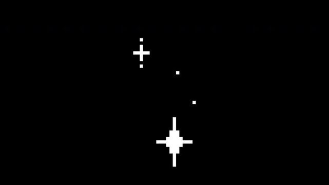 Pixel style star sparkle animation with twinkling particles. Seamless loop for background, interface design and game visuals on dark background.