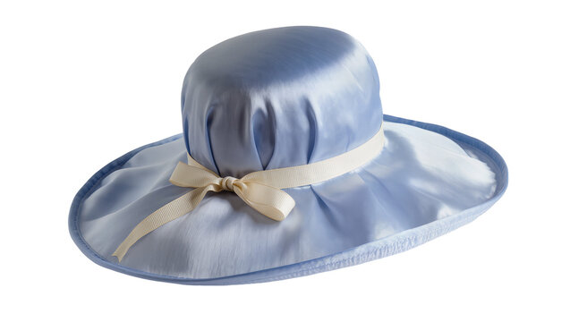 Light blue satin floppy hat with cream ribbon bow, isolated on transparent background