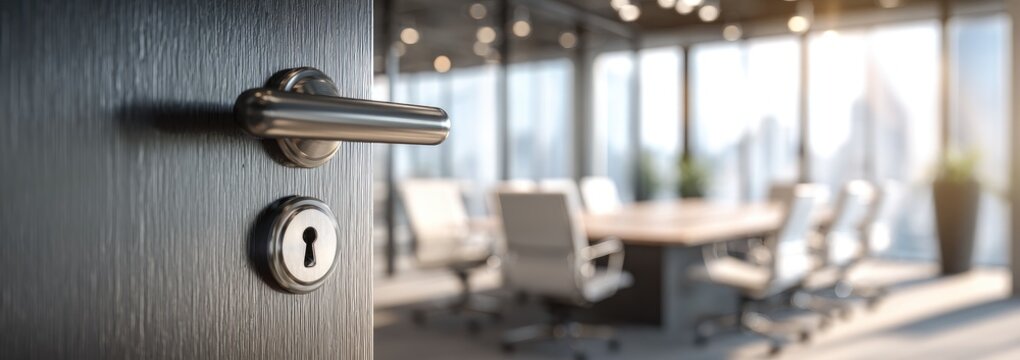 A slightly ajar door reveals an office meeting room with a large wooden table and chairs, sunlight streaming through windows