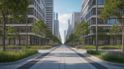 Obraz premium Sustainable smart city boulevard with modern buildings trees and greenery under a blue sky with clouds urban planning concept