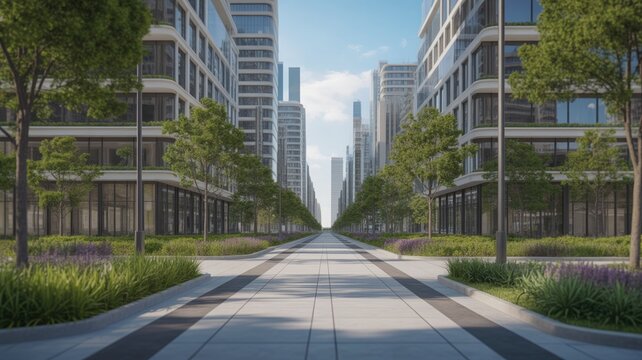 Sustainable smart city boulevard with modern buildings trees and greenery under a blue sky with clouds urban planning concept