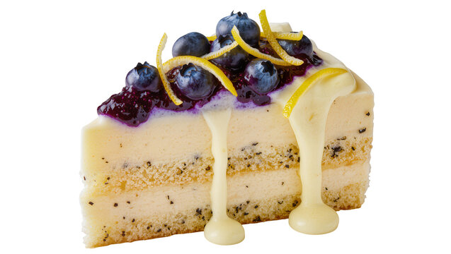 Layered blueberry lemon cake with white cream drizzle, isolated on transparent background