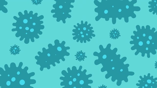 Looping 2D animation background featuring pattern of various bacteria and microorganisms. Stylized bright cartoon microbes for scientific educational videos or medical motion graphics.