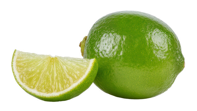 Whole green lime and slice with juicy pulp, isolated on transparent background