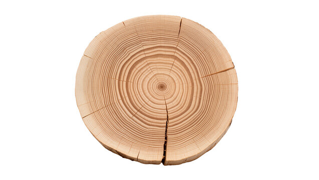 Circular wood slice with visible growth rings and cracks, isolated on transparent background