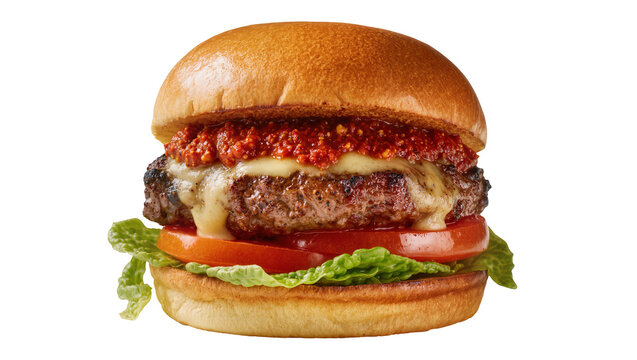 Juicy beef burger with melted cheese tomato lettuce and red sauce, isolated on transparent background