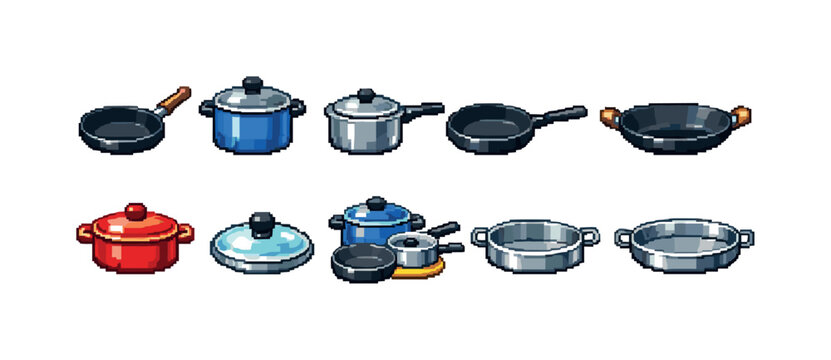 Pixel art collection of colorful cookware icons for cooking and kitchen themes