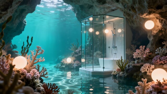 Underwater cave bathroom with coral