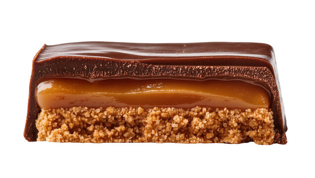 Chocolate bar with caramel and cookie base, isolated on transparent background