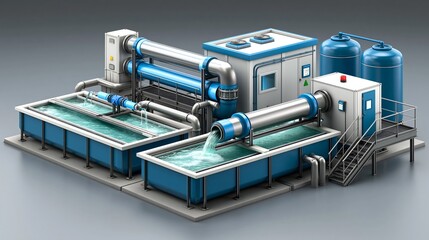 Fototapeta premium Water treatment plant with large tanks and pipes, featuring two rectangular basins filled with water, designed for purification and filtration processes