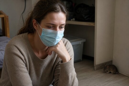 Silent carrier's shadow a masked woman's thoughtful dread in an isolated room