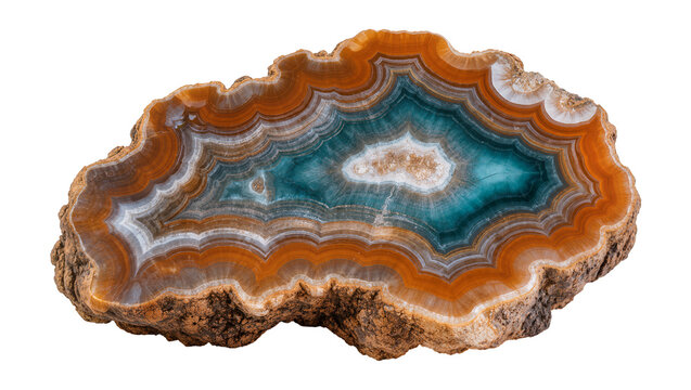 Polished agate slice with concentric bands of orange blue and white, isolated on transparent background