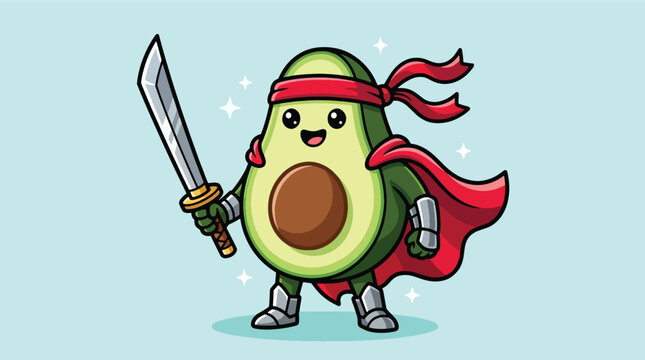 Cute Cartoon Avocado Ninja Warrior Character Holding A Sword.
