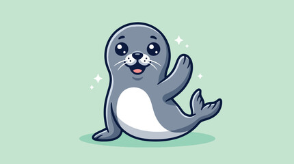 Cute cartoon seal waving its flipper on a green background. © Caroline Studio