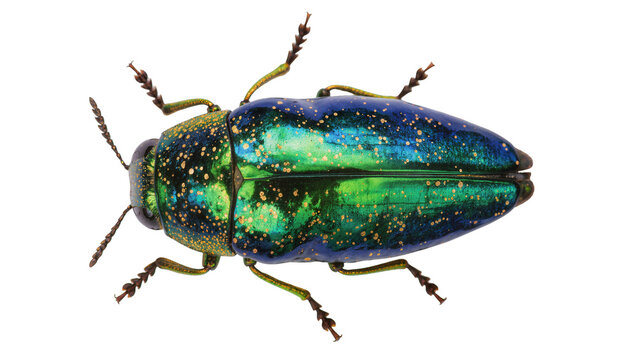 Iridescent metallic green and blue jewel beetle with gold speckles, isolated on transparent background