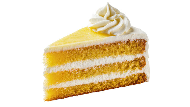 Layered lemon cake slice with cream frosting, isolated on transparent background