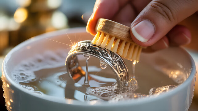 A woman's hands with a neat manicure carefully clean a vintage silver ring with an ornament and a stone