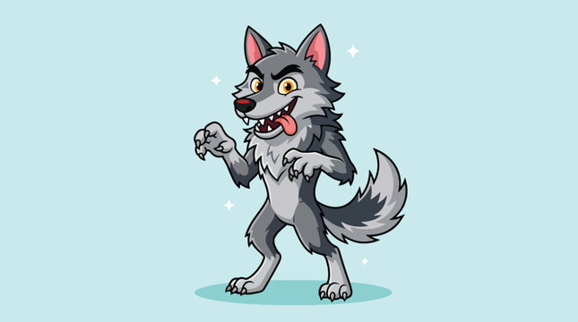 Cute cartoon wolf standing on two legs with funny expression and claws out.