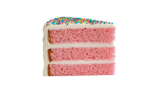 Three layer pink cake with white frosting and colorful sprinkles, isolated on transparent background