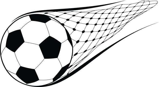Black and White Vector Soccer Ball Entangled in Goal Net with Strands Wrapping Around in Dynamic Sports Illustration