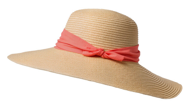 Wide-brimmed straw sun hat with coral ribbon bow, isolated on transparent background