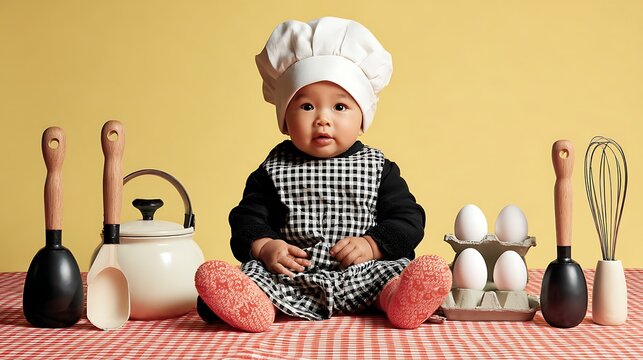 A baby dressed as a tiny chef sitting with kitchen props