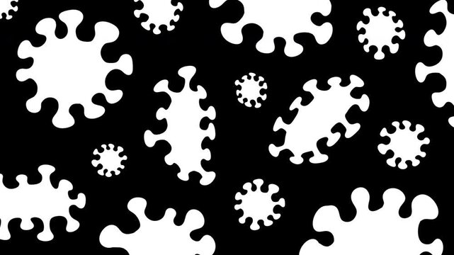 2D animation background pattern of blue stylized bacteria and virus cells. Clean blue microorganisms on white background with overlay alpha matte channel. Ideal for scientific presentations