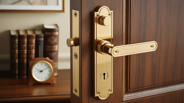 Close-up of a vintage brass door handle and lock
