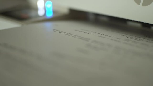 Close-up of screenplay pages printing from office printer in a cinematic static shot. Focus on script draft production, writing workflow, and creative process, ideal for business and media concepts.