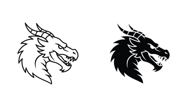 Aggressive dragon head profile illustration featuring sharp horns and jagged scales in both solid black silhouette and detailed outline vector styles for fantasy gaming logos or mascot designs