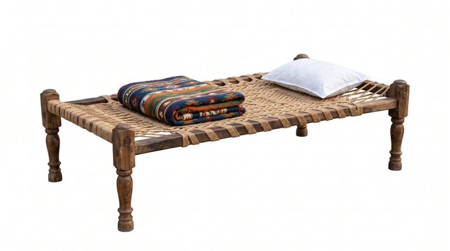 Traditional Indian charpai bed with woven jute rope, rustic wooden daybed with ethnic blanket and white pillow, vintage handmade furniture on white background
