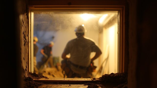 Worker installing basement egress window opening with safety light and excavation visible, representing egress window installation for emergency escape and code compliance.