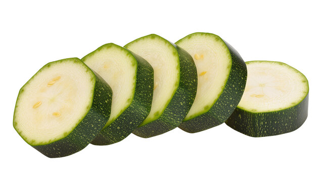 Fresh green zucchini slices with visible seeds, isolated on transparent background