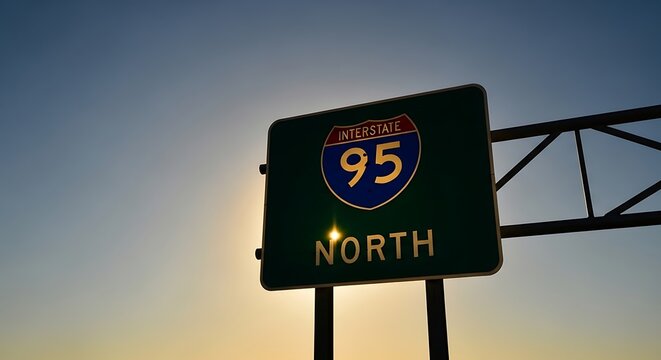 Interstate 95 north highway sign against a sunset sky background