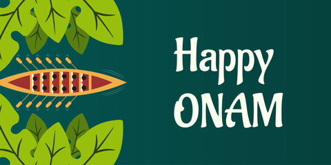 Happy Onam horizontal Banner  design. Vector Indian Wallam Kali Boat in palm leaves Frame with bold Holiday message isolated blue water Background. Happy Oman greeting placard design. EPS 10 © Svetlana