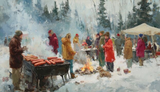Winter outdoor camp scene with people enjoying hot dogs grilled over an open fire in snowy forest setting