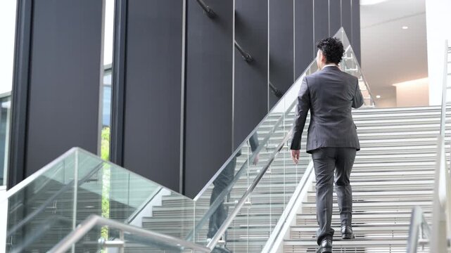 オフィスで階段を上る電話するビジネスマン行動力とスピード感ある営業イメージ　髭のミドル男性後ろ姿動画