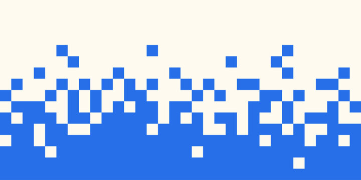Abstract modern geometric horizontal monochrome seamless pixel pattern with transition; geometric white background of blue squares and rectangles; simple vector illustration in flat style; copy space