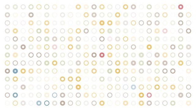 Animated illustration with geometric figures - rings changing size and color arranged in a grid on a white background.