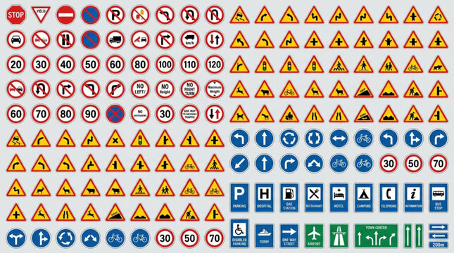 Collection of various international traffic and road signs.