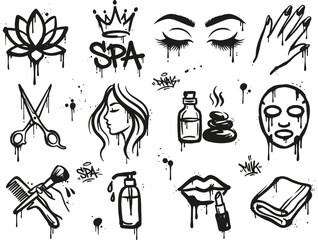 Obraz premium Black and white spa and beauty icons with dripping effect