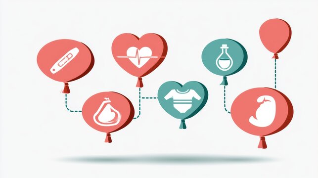 Pregnancy milestones are illustrated as bubbles, showing a positive test, first heartbeat, gender reveal, baby shower, and birth in a clean style.